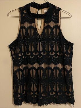 ADIVA Black Lace High Mock Neck Tank Top Nude Lining Size M Goth Romantic Boho